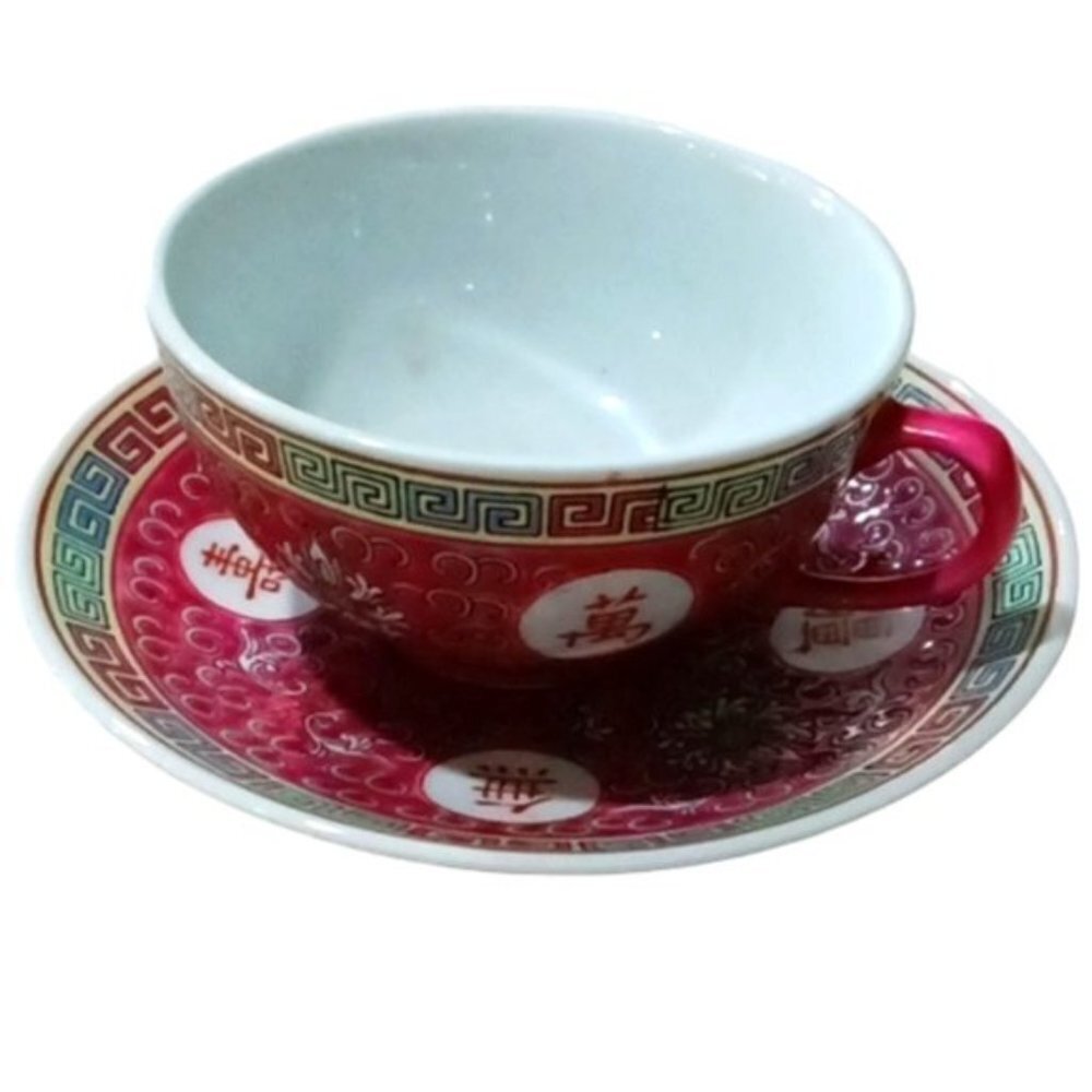 Vintage Chinese Jingdezhen Mun Shou‎ Famille Rose Porcelain Red Tea Cup & Saucer